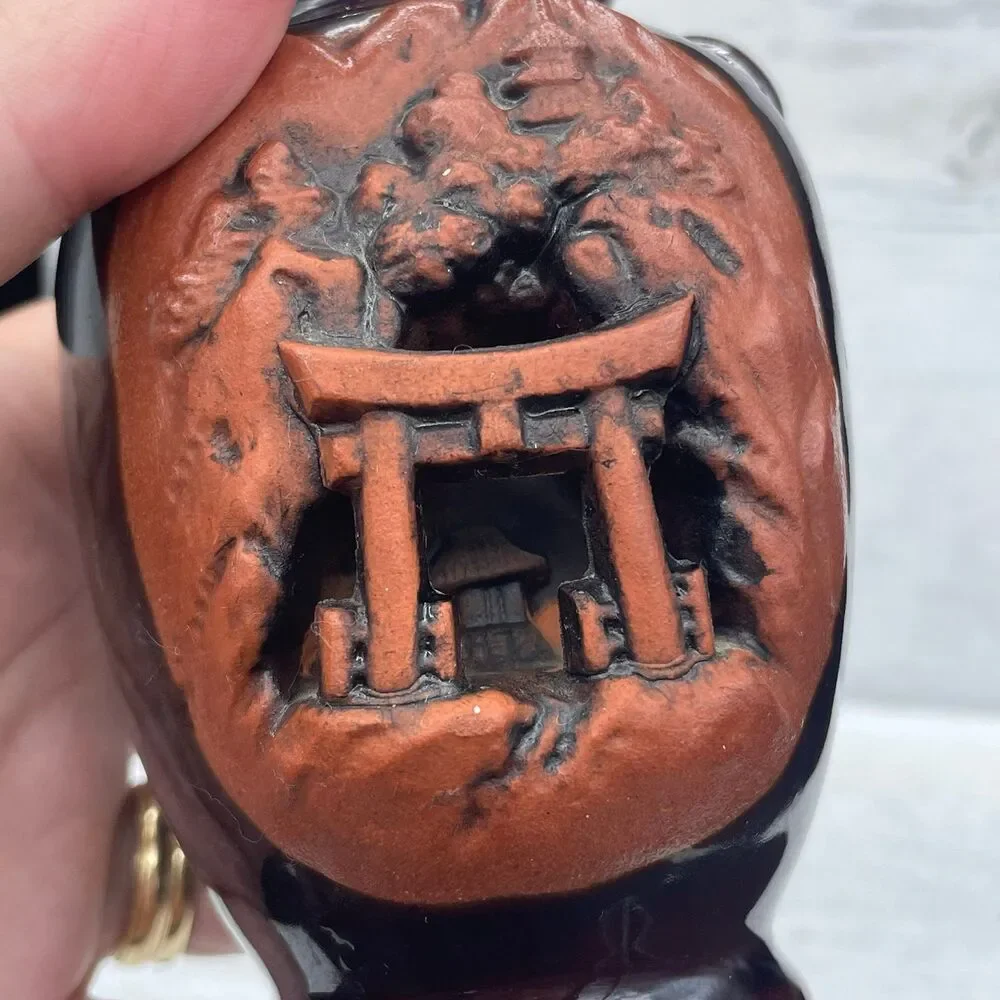 Vintage Japanese Banko Ware Carved Relief Vase Torii Gate Pine Tree